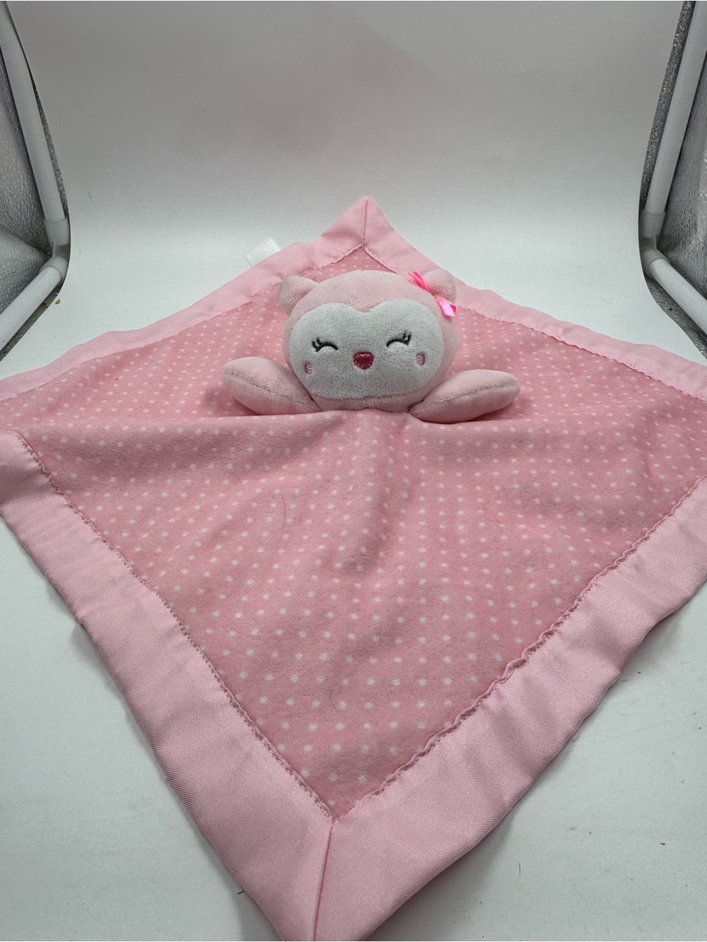 CARTERS  Security Blanket Lovey Pink Owl Child of Mine Dots Satin Backing Rattle